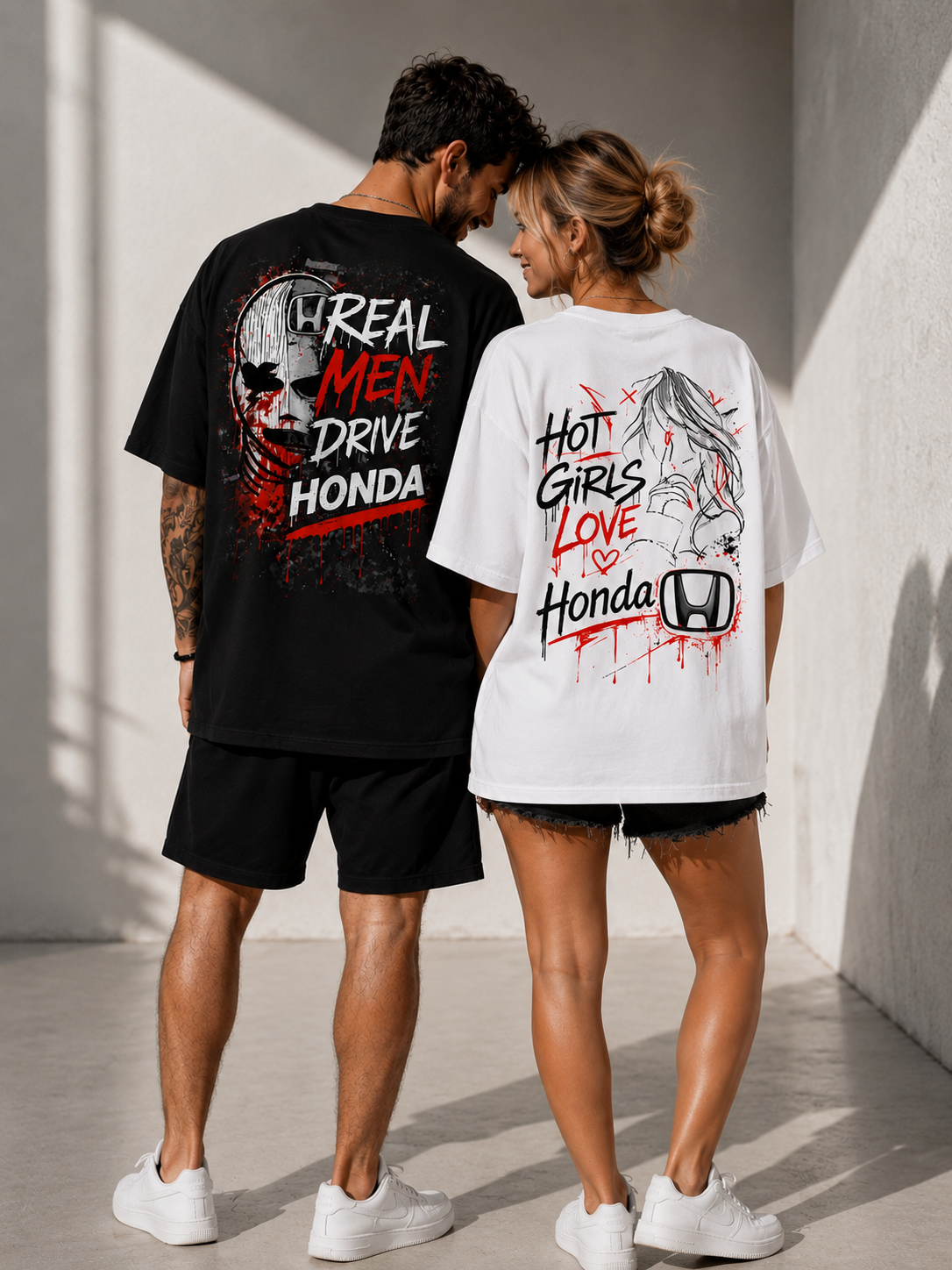 Овърсайз тениски за двойки Honda – Real Men Drive + Hot Girls Love черни