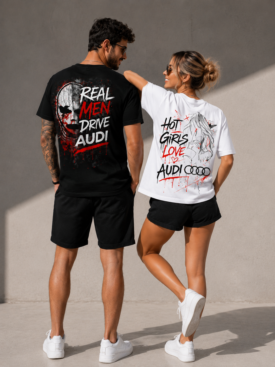 Тениски за двойки Audi – Real Men Drive + Hot Girls Love, двойка с черни тениски