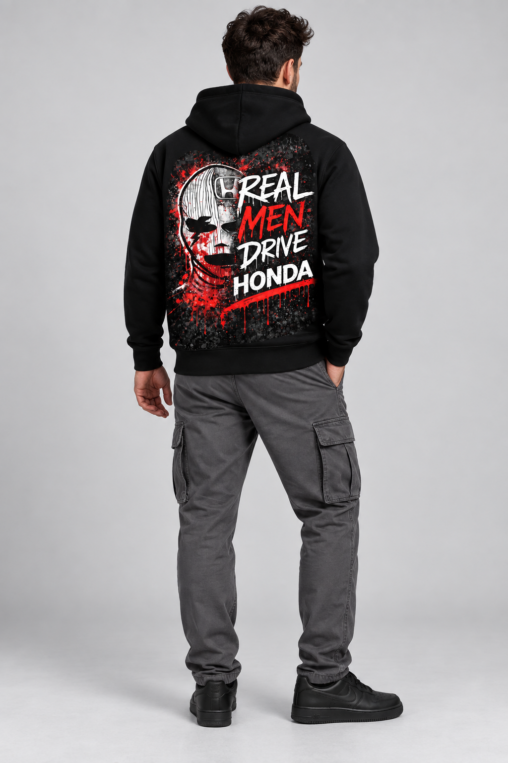 Худи Real Men Drive Honda - черно, лице