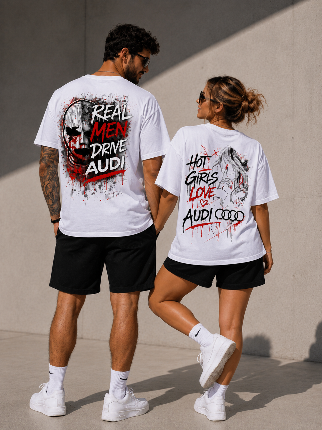 Овърсайз тениски за двойки Audi – Real Men Drive + Hot Girls Love черни