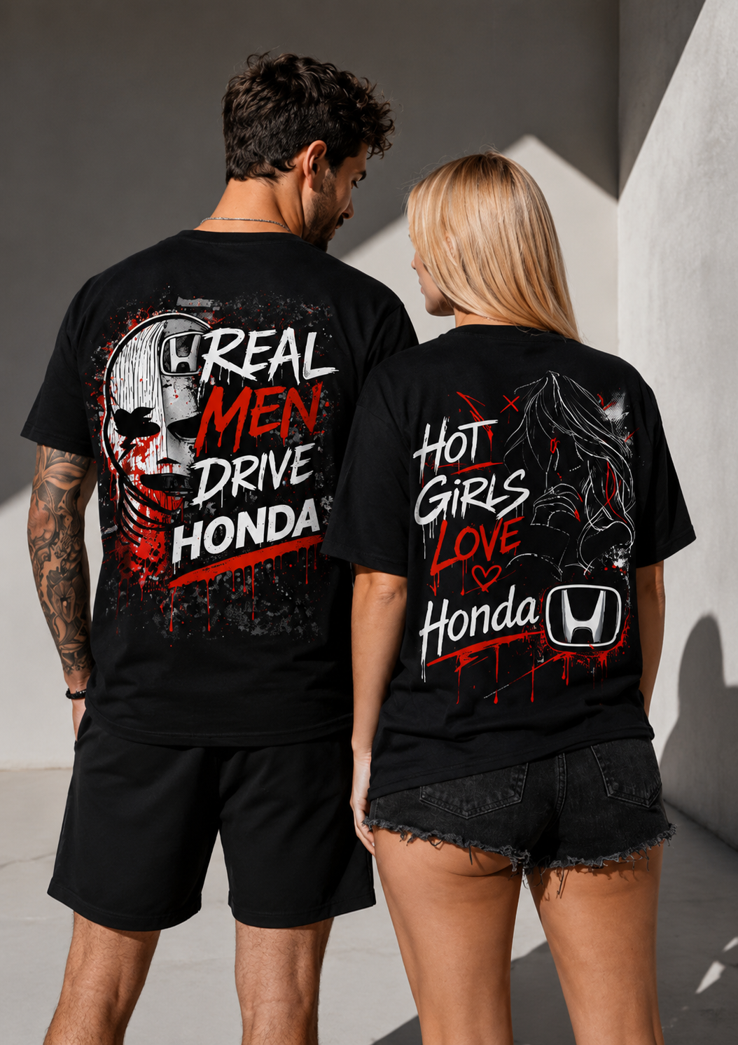 Тениски за двойки Honda – Real Men Drive + Hot Girls Love, двойка с черни тениски
